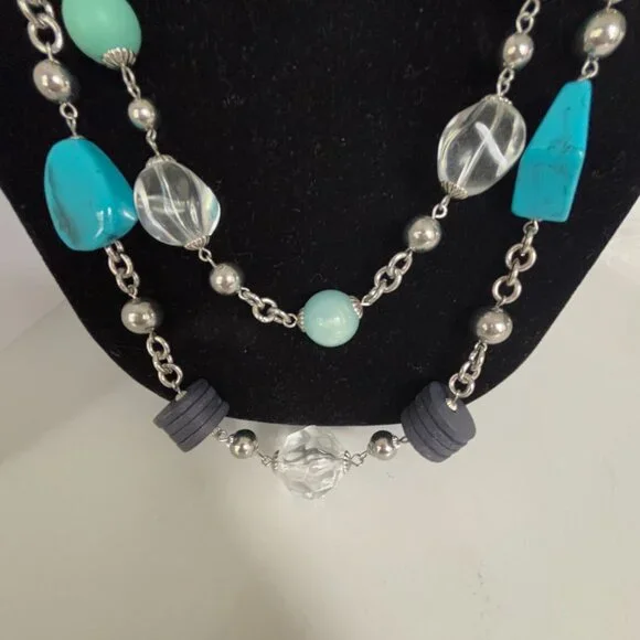 Chicos Long Necklace Multi-Bead Faux Gemstone Silver Chain Contemporary 40" Blue - Picture 6 of 8